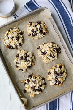 chocolate chip cookies sitting on top of a cookie sheet