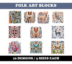 an image of folk art blocks with animals and flowers on the front, in different colors