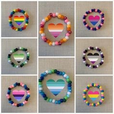 six different colored bracelets with hearts and stripes on them, all made out of plastic beads