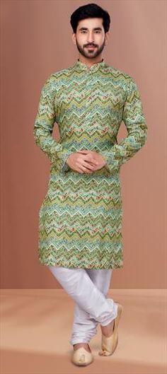 Multicolor color Kurta Pyjamas in Cotton fabric with Digital Print, Embroidered work Green Cotton Kurta With Digital Print, Festive Green Printed Kurta, Festive Multicolor Cotton Fabric, Embroidered Multicolor Cotton Fabric, Green Cotton Fabric With Printed Motifs, Green Printed Cotton Kurta, Men's Kurta Pajama, Plus Size Lehenga, Salwar Suit Designs