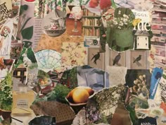 a collage of photos and pictures with flowers, books, fruit, and other things