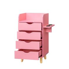 a pink dresser with three drawers and two wooden legs on the bottom shelf, in front of a white background