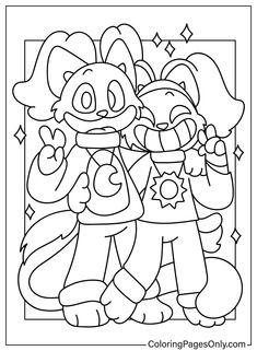 an animal coloring page with two cartoon characters, one holding a cat and the other looking at