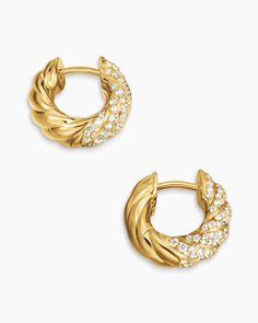 David Yurman | Sculpted Cable Hoop Earrings in 18K Yellow Gold with Diamonds, 14.4mm Luxury Small Hoop Tarnish Resistant Huggie Earrings, David Yurman Earrings, Pave Bangle, Gold Diamond Hoop Earrings, Cable Bracelets, David Yurman Jewelry, Diamond Hoop Earrings, Gold Polish, Dream Jewelry