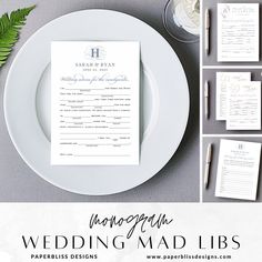 the wedding menu is laid out on a white plate with silverware and greenery