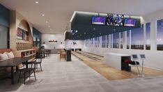 a bowling alley with tables, chairs and televisions on the wall above them is shown in this rendering