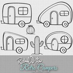 the retro campers are drawn in black and white, with cactuses on each side