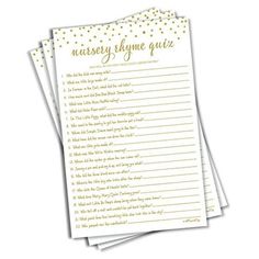 three gold foil confetti game cards with the words nursery hygiene quiz written on them