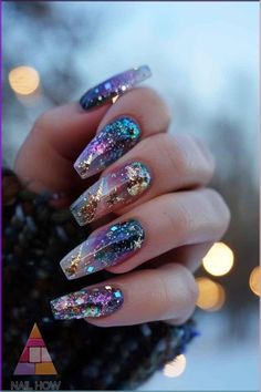 Glitter And Color Nails, Magic Nails Design, Clear Nails Design, Cosmo Nails, Celestial Nails, Magical Nails, Glitter Acrylic Nails, Cosmic Nails, Classy Nail Art Ideas