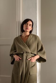 For those who seek to create their own home spa experience, this robe makes your morning and evening rituals more pleasurable. Minimalist, breathable, and absorbent, it features a delightful waffle texture. Treat the special women in your life with this thoughtful gift--ideal for wives, girlfriends, moms, sisters, or step mothers; a gift that conveys the sense that you've given it careful consideration. * Boxy fit * Three-quarter length kimono sleeves * Wrap tie belt * With belt loops * With fro Robe For Women, Matching Robes, Kimono Sleeves, Womens Robes, Waffle Weave, Kimono Sleeve, Moss Green, Cotton Towels, Tie Belt