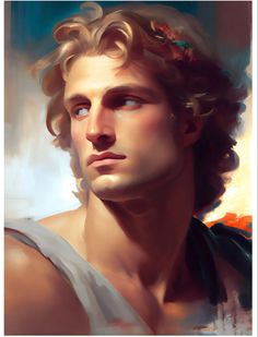 a painting of a man with curly hair wearing a tank top and looking off into the distance