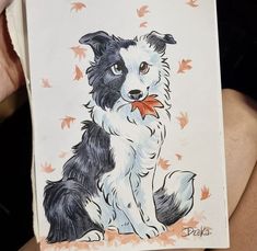 a drawing of a dog with leaves on it's back and the image of a border collie