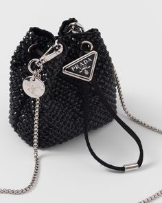 Drawstring closure Enameled metal triangle logo on closure Removable chain shoulder strap Logo-pri9nt nylon lining Prada Mini Bag, Prada Backpack, Prada Mini, Sequin Bag, Mini Pouch, Mini Pouches, Triangle Logo, Designer Bags, Sling Bag