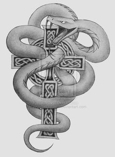 a drawing of a snake on a cross with celtic symbols in the middle and sides