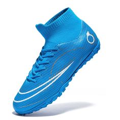 a blue soccer shoe on a white background