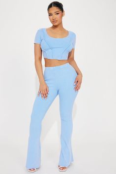 Available In Light Blue And Black. Washed Pant Set Short Sleeve Top Scoop Neck Cropped Flare Leg Pant Elastic Waistband Stretch Inseam 32" Disclaimer: Due To The Specialized Wash Process, Each Garment Is Unique. 94% Cotton 6% Spandex Imported | Get To Know Me Washed Pant Set in Light Blue size Large by Fashion Nova Blue Stretch Cropped Bottoms, Light Blue Fitted Loungewear Sets, Fitted Light Blue Loungewear Sets, Blue Fitted High-waist Sets, Fitted Cropped Blue Pants, Blue Fitted Cropped Pants, Light Blue Fitted Short Sleeve Sets, Blue Fitted Bottoms For Loungewear, Fitted Blue Bottoms For Loungewear