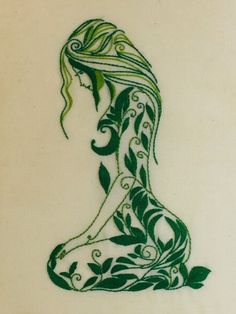 a drawing of a woman with long hair and green leaves on her body, sitting in front of a white wall