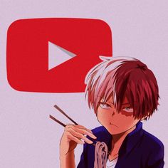 an anime character holding chopsticks in front of a red youtube sign