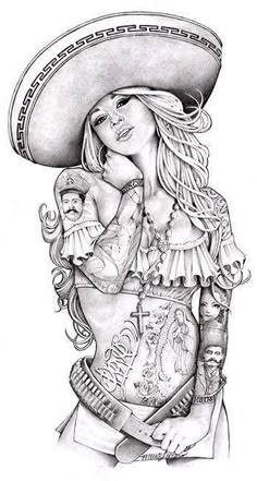 a drawing of a woman wearing a sombrero and holding a baby in her arms