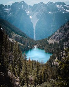 a lake surrounded by trees and mountains