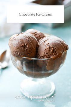 three scoops of chocolate ice cream in a glass bowl