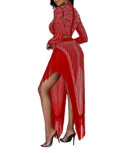 Red Rhinestone Long Sleeve Crop Tops and Tassels Skirt Set Red Long Sets For Festivals, Red Tassel Sets For Festivals, Red Fringe Skirt, Red Long-sleeve Party Sets, Embellished Red Long Sleeve Top, Tassel Skirt, Red Rhinestone, Long Sleeve Crop Top, Skirt Set