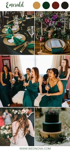 a collage of photos with people in green dresses and wine glasses on the table