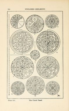 an old book with different types of designs on it's pages, including circles and lines