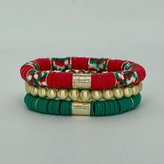 This is the perfect festive Christmas themed Stack. It’s so much fun just stack away with many other Christmas options. Bracelets are “one size fits most” and are designed to fit wrists up to 7.0”. ﻿ *Bracelets usually ship within 3-5 business days. Please be aware that due to the unique and handmade nature of each product, color, shapes, and bead sizes may vary slightly from the photos and description. Christmas Heishi Bracelet, Christmas Clay Bead Bracelets, Christmas Beaded Bracelets, Christmas Bracelet Ideas, Swiftie Bracelets, Perle Plate, Heishi Bracelets, Clay Bracelets, Homemade Bracelets