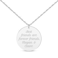 Create an extra special gift with this round disc necklace. Your sentiment is conveyed in an elegant script font on the sterling silver pendant. The pendant suspends along an adjustable 16-inch rope chain with a 2-inch extender that secures with a spring ring clasp. Adjustable Round Pendant Necklace For Best Friend, Elegant Silver Necklace For Best Friend Gift, Adjustable Round Disc Charm Necklace For Anniversary, Elegant Silver Necklace For Best Friend, Elegant Engraved Text Jewelry, Elegant Round Pendant Necklace For Best Friend, Silver Name Necklace With Round Pendant, Adjustable Silver Name Necklace With Round Pendant, Mother's Day Round Disc Necklaces