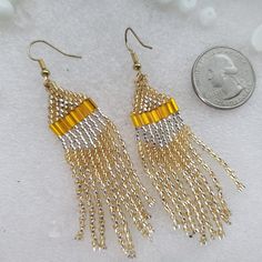 Fringe beaded earrings - Southwestern style Long Chandelier earring Boho beadwork Gold Beaded Earrings For Celebration, Gold Teardrop Beaded Earrings With Tiny Beads, Gold Tassel Dangle Earrings With Tiny Beads, Gold Tassel Earrings With Tiny Beads, Gold Beaded Dangle Chandelier Earrings, Gold Beaded Long Drop Chandelier Earrings, Gold Beaded Fringe Dangle Earrings, Bohemian Gold Earrings With Bead Caps, Gold Tassel Earrings With Beaded Fringe