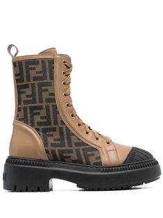 monogram lace-up boots from FENDI featuring brown, calf leather, signature FF-pattern print, embossed logo to the rear, round toe, front lace-up fastening and side zip fastening.Heel 2 in / 5 cm Fendi Shoes, Biker Boots, Brown Leather Boots, Sneaker Heels, Emilio Pucci, Leather Gloves, Embossed Logo, Leather Accessories, Brown Boots