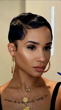 short curly hairstyles black women Rihanna With Short Hair, Styling Bald Head Women, Saweetie Short Hair, Chopped Pixie Haircut, Gelled Pixie Hair, Kehlani Pixie Haircut, Short Hair Gel Style, Short Waves Hairstyle, Kehlani Short Hair