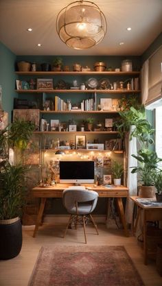 a home office with shelves and plants on the desk