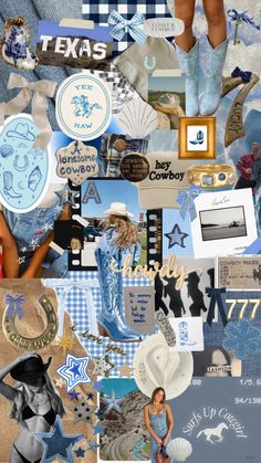 a collage of various images including cowboy boots, hats and other things in blue