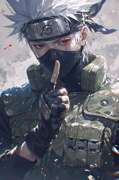 an anime character wearing a helmet and holding a finger up in front of his face