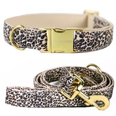 the leopard print leash has gold hardware and is ready to be used as a dog collar