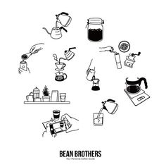 black and white illustration of bean brothers coffee making equipment, with the words bean brothers above it