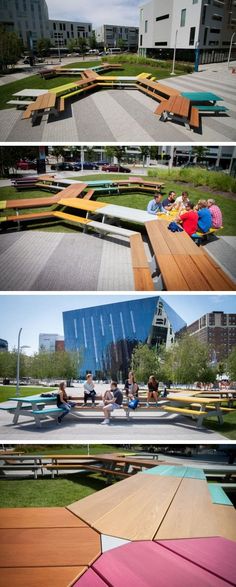 the benches are made out of wood and have different colors