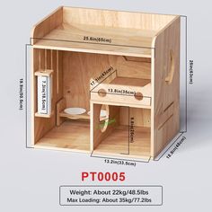 a wooden toy house with measurements for the inside and outside compartments on each side is shown