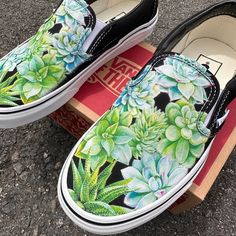 These Black Slip On Vans have various watercolor-inspired succulents on the tops of both shoes. These slip on's are perfect for succulent lovers! We buy each pair of shoes BRAND NEW. Each pair is made to order, please make sure you put in the correct shoe size before you check out. The ink is permanent and will never come off, fade away, or peel off. Made in the USA. This price includes everything: shoes and artwork. Each pair of shoes is made-to-order and takes 3 - 4 weeks to ship usually. Beca Vans Art Shoes, Painted Vans Slip On, Painted Apparel, Custom Slip On Vans, Black Slip On Vans, Painting Shoes, Succulent Painting, Apple Watch Bands Fashion, Natural Hair Removal