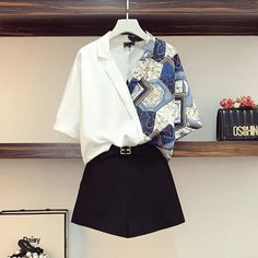 Colorblock Short Sleeves Tee+shorts P10986 Stitching Shirt, Womens Casual Suits, Tee Shorts, Clothing Design Sketches, High Waist Shorts, Character Outfits, Art Clothes, Look Cool, High Waisted Shorts