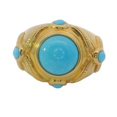 Elevate your style with our striking Turquoise and 14K Yellow Gold Dome Ring. The bold gold and turquoise combination embodies elegance and sophistication. Handcrafted with high-quality materials, this ring is sure to make a statement and become a timeless addition to your jewelry collection. Jewelry Style : Ring Metal Type : 14K Gold  Total Weight : Approximately 5.47 grams  Ring Size : 8.25 :  Can be sized by your local jeweler estate piece, sold as is, all weights are estimates Luxury Turquoise Cabochon Ring In Yellow Gold, Luxury Yellow Gold Turquoise Cabochon Ring, Luxury Yellow Gold Turquoise Ring For Formal Occasions, Luxury Blue Turquoise Ring For Formal Occasions, Elegant Turquoise Ring With Polished Finish, Formal Turquoise Ring With Polished Finish, Formal Polished Turquoise Ring, Elegant Gold Turquoise Cabochon Ring, Gold Dome Ring