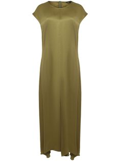 olive green silk satin weave round neck sleeveless A-line concealed rear zip fastening asymmetric hem Midi Dress Green, Silk Midi Dress, Green Midi Dress, Green Silk, Asymmetric Hem, Silk Satin, Midi Length, Day Dresses, Olive Green