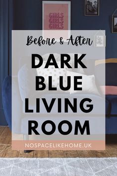 Living room with dark blue walls and grey rug and text overlay saying 'Dark Blue Living Room' Farrow Ball Hague Blue Living Room, Dark Blue And Cream Living Room, Deep Blue Living Room Walls, Dark Blue And White Living Room, Sapphire Salute Living Room, Blue Lounge Room Decor, Blue Painted Living Room, Navy Blue Living Room Walls, Dark Blue Living Room Color Scheme