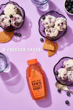 ice cream, blueberries, and honey in bowls with the words 8 freezer faves