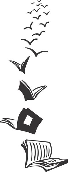 three books flying in the air with birds above them and one open book on top