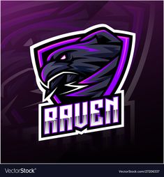 the raven mascot logo on a purple and black background with an angry looking bird's head