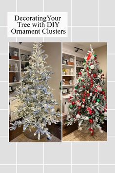 two different types of christmas trees with red, white and green decorations