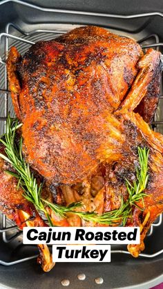 a roasting chicken in an air fryer with rosemary sprigs on the side